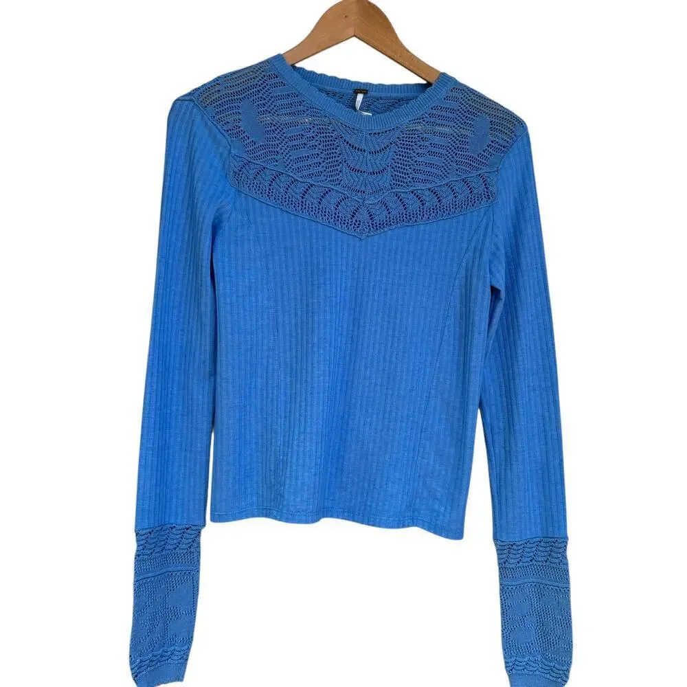 Free People Colette Knit Top Size S Color- Calendula Lacey Yoke Blue